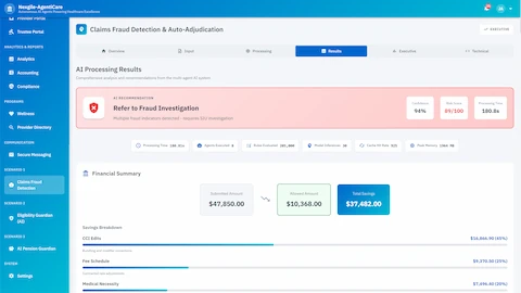 Claims processing results displaying fraud investigation recommendation with financial summary, savings breakdown by category, and processing metrics